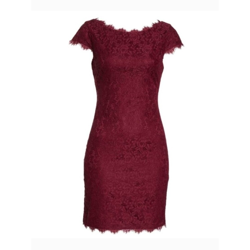 Eliza J Burgundy Lace Sheath Dress Cap Sleeve Scalloped Eyelash Trim Size 12 - Picture 8 of 12